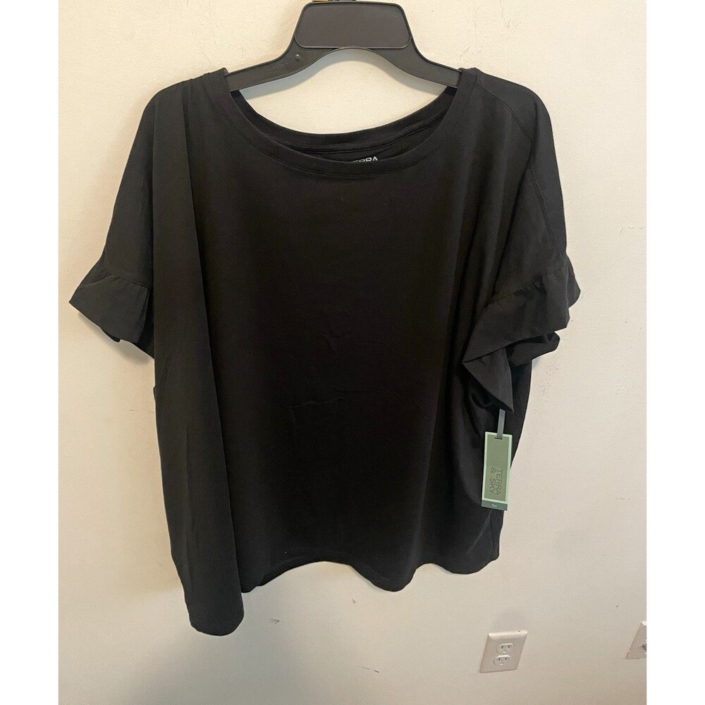 Terra & Sky Women’s Plus 4X Black Scoop Neck Ruffle Short Sleeve T-Shirt